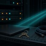 Ноутбук, ключ и патч-корд на полке стойки: прыжок SSH без проброса ключа