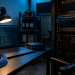 Серверная стойка и ноутбук с терминалом — обложка статьи про WireGuard между офисом и VPS