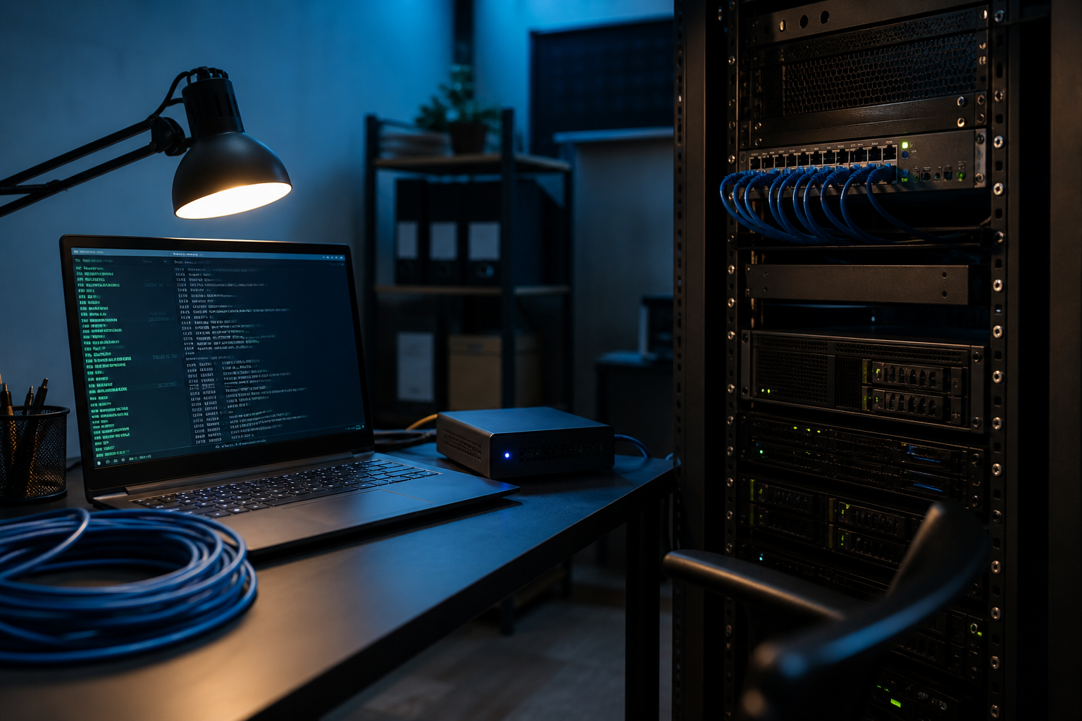 Серверная стойка и ноутбук с терминалом — обложка статьи про WireGuard между офисом и VPS
